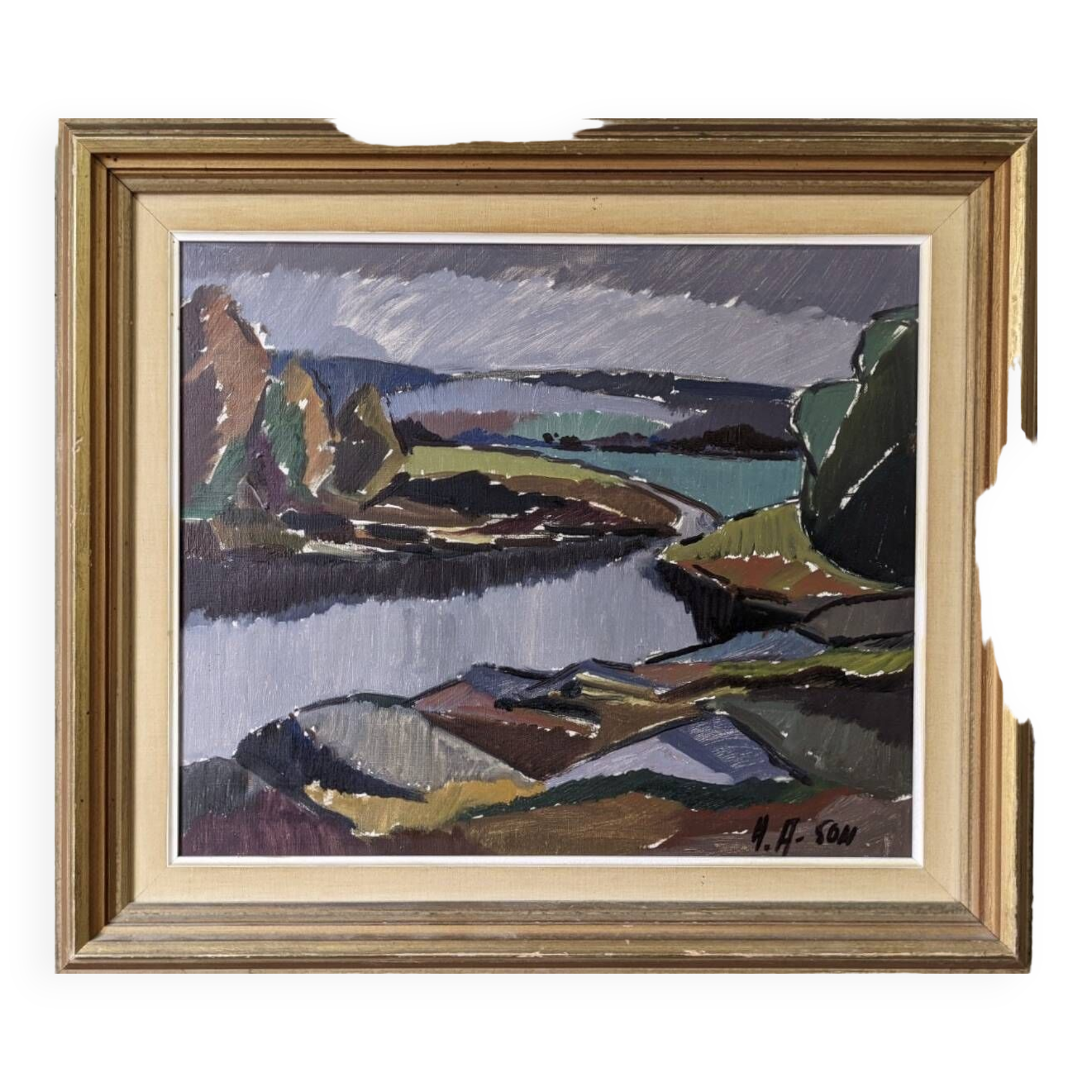 Mid-Century Modern "Meander" Vintage Expressionist River Landscape Oil Painting, Framed