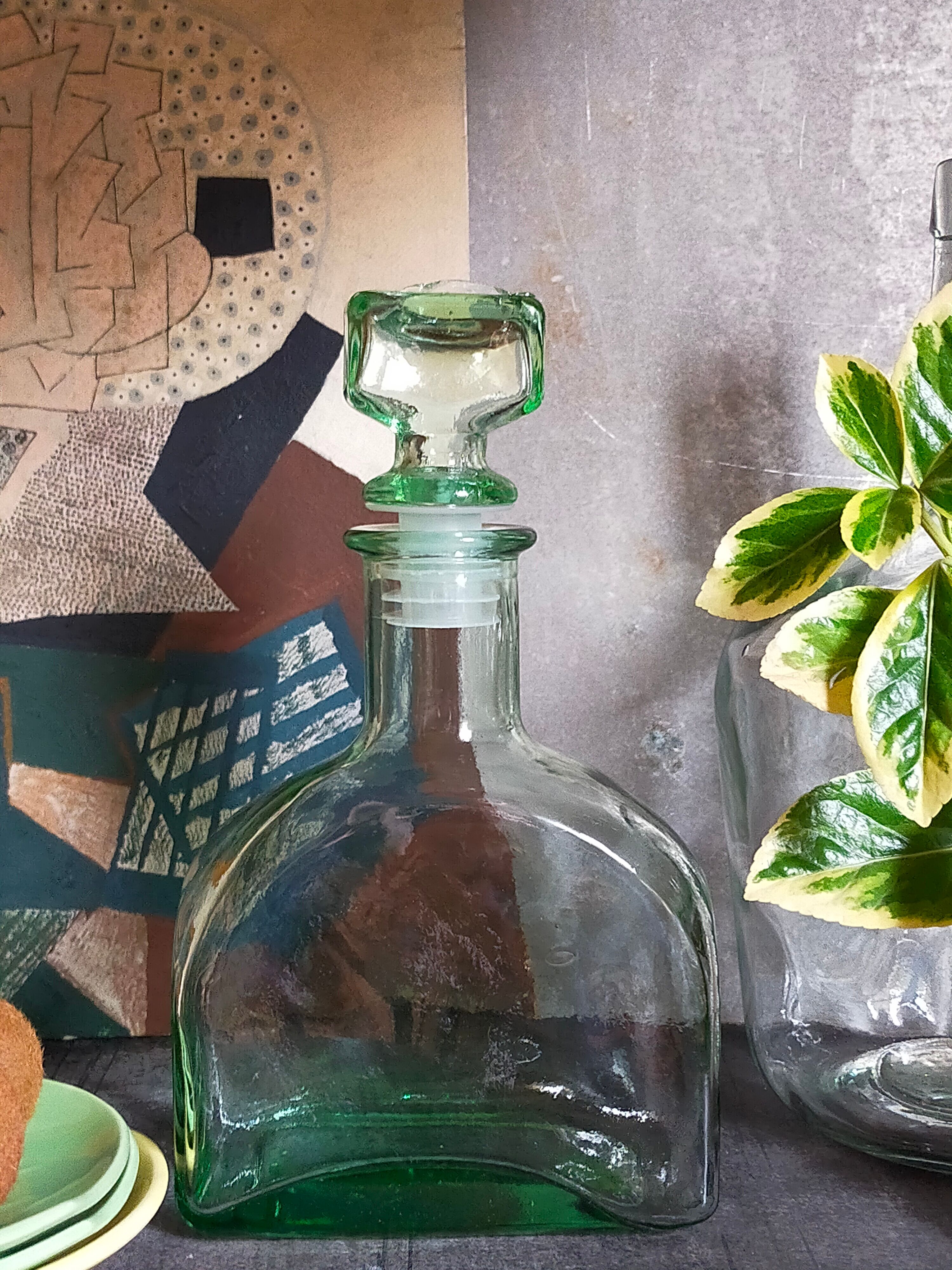 Vintage green glass whiskey decanter