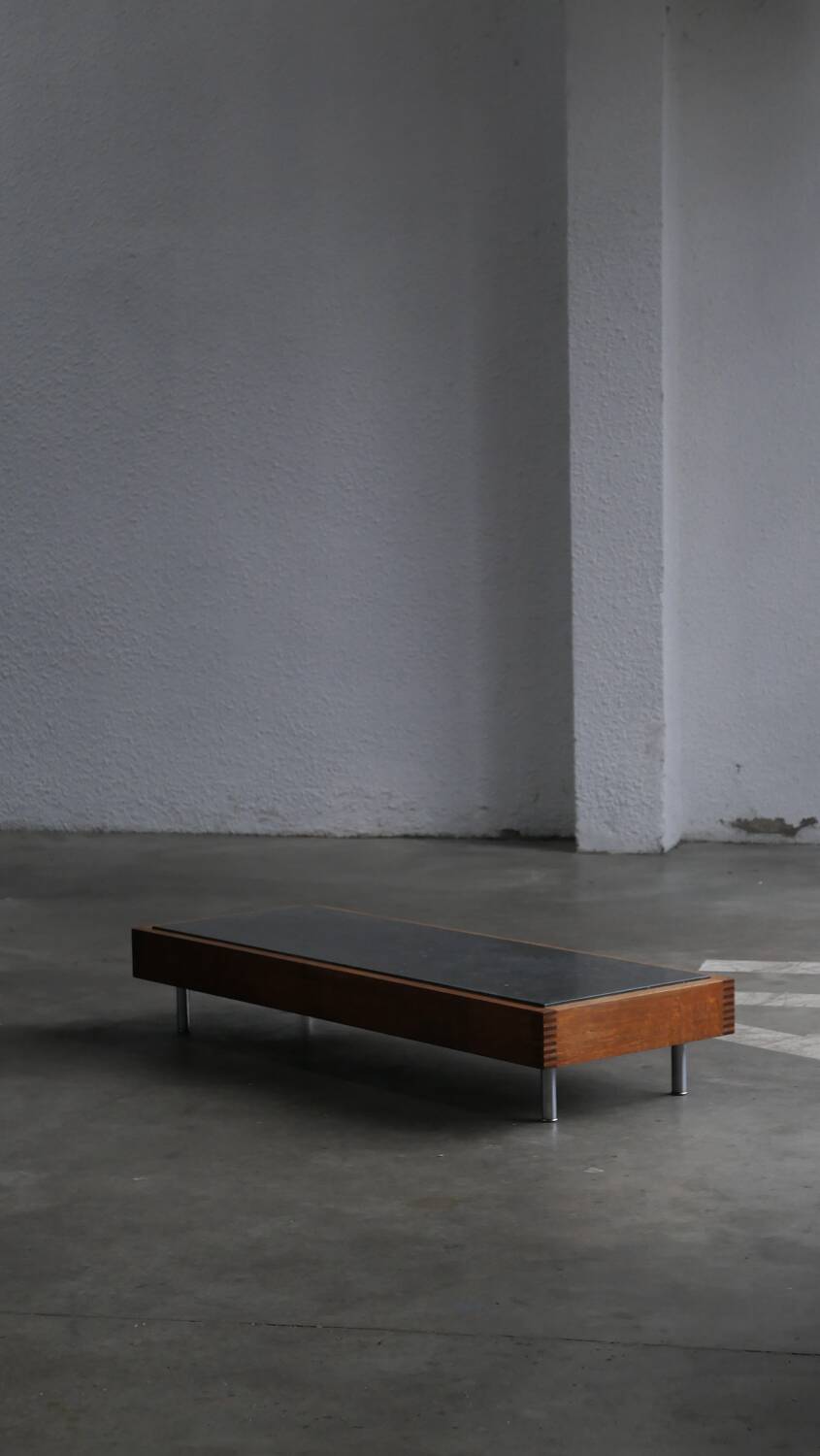 Belgian coffee table from the 80s, oak and blue stone from Belgium.