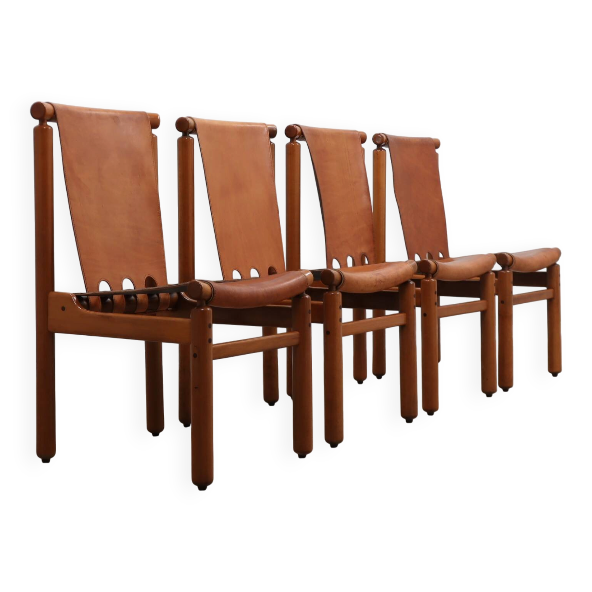 Set of 4 Ilmari Tapiovaara for La Permanente walnut & leather chairs 1960s