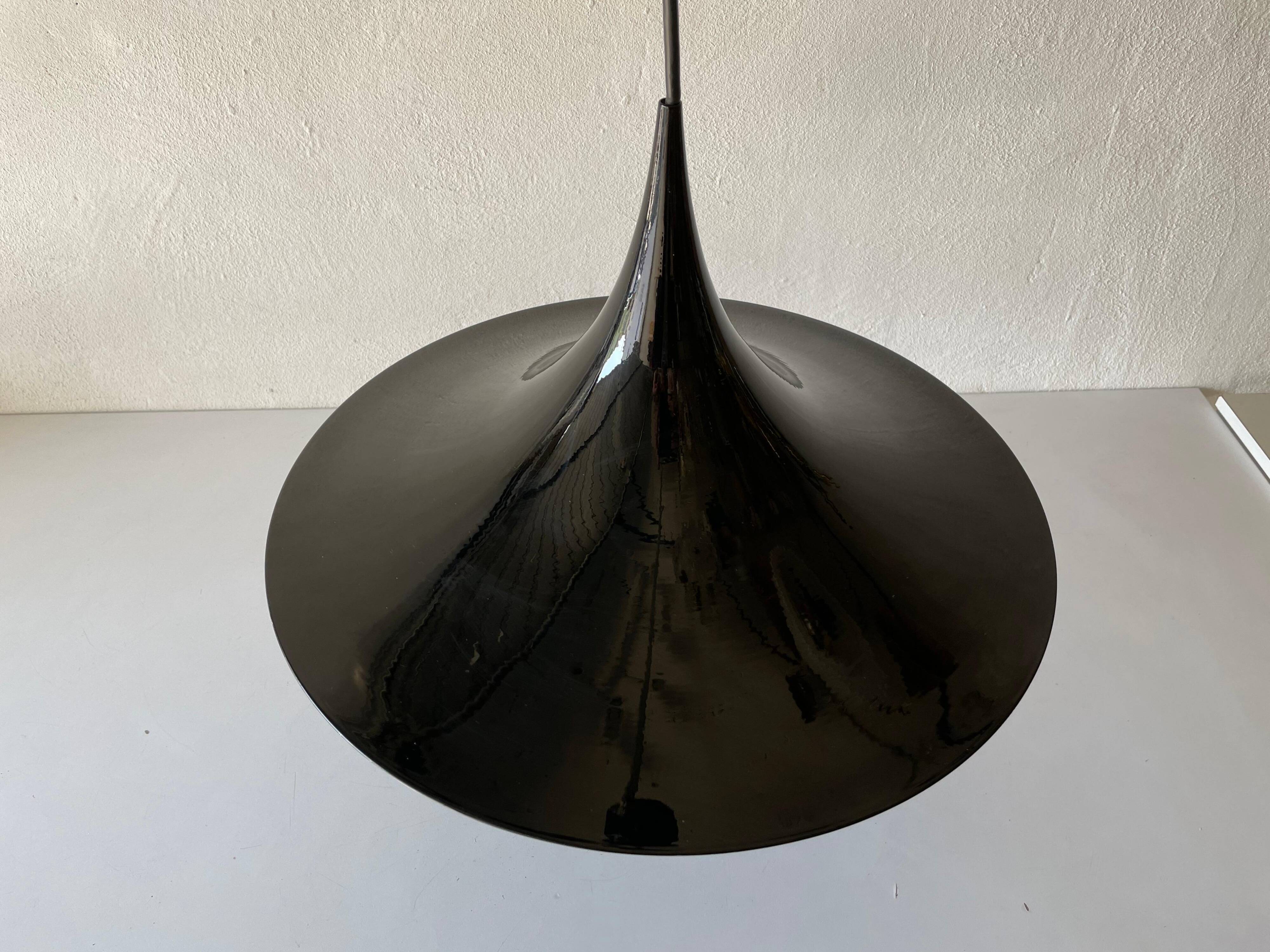 Black metal pendant lamp with trumpet design, 1960s, Italy.