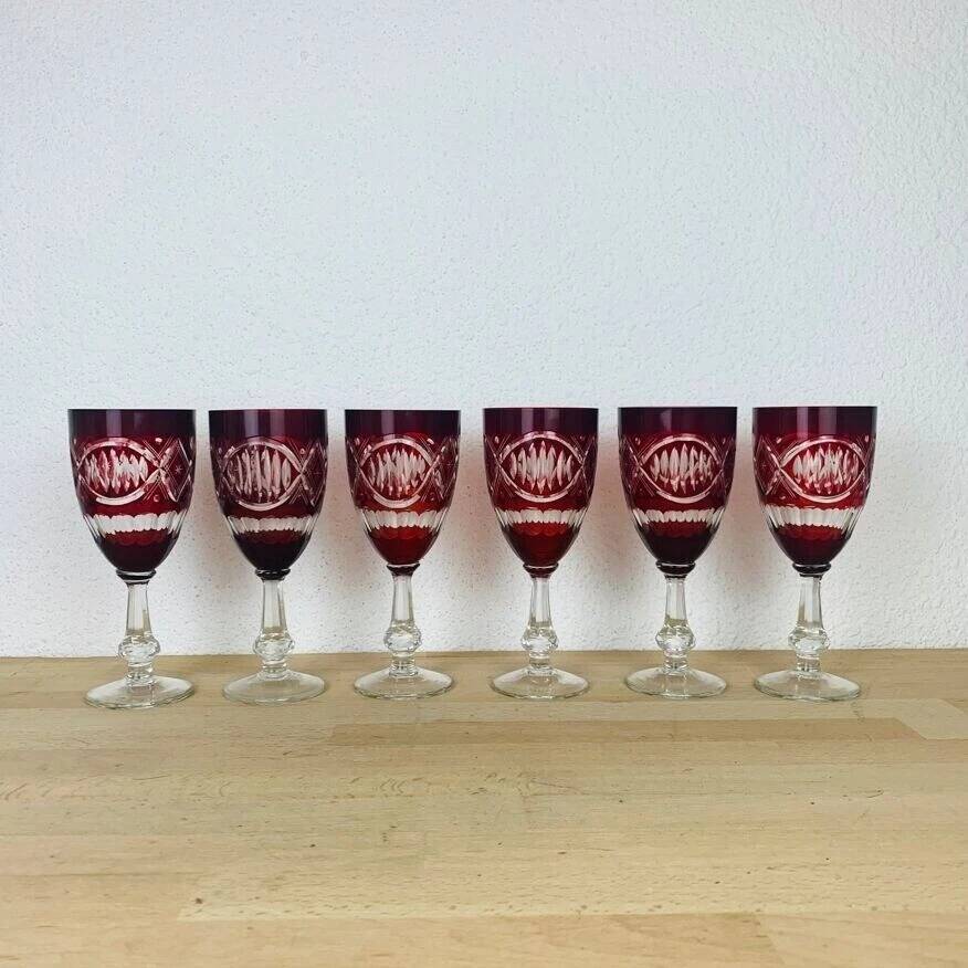 6 antique red Bohemian crystal wine glasses.