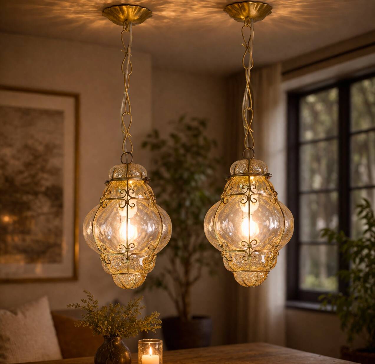 Set of 2 Wonderful Amber Vintage Venetian Lantern, Murano Glass, Italy, 1950s