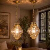 Set of 2 Wonderful Amber Vintage Venetian Lantern, Murano Glass, Italy, 1950s