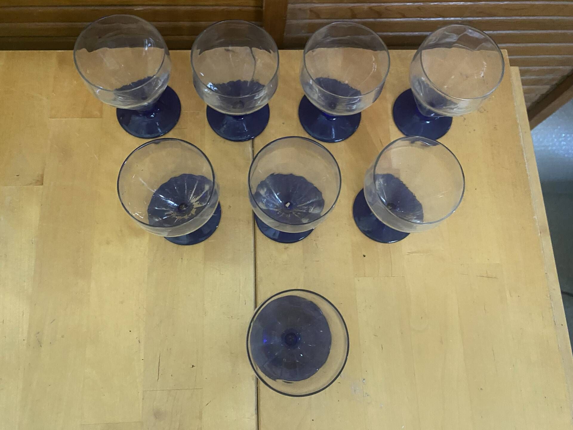 Set of 23 Stemmed Glasses Transparent Glass + Cobalt Blue Stems Vintage