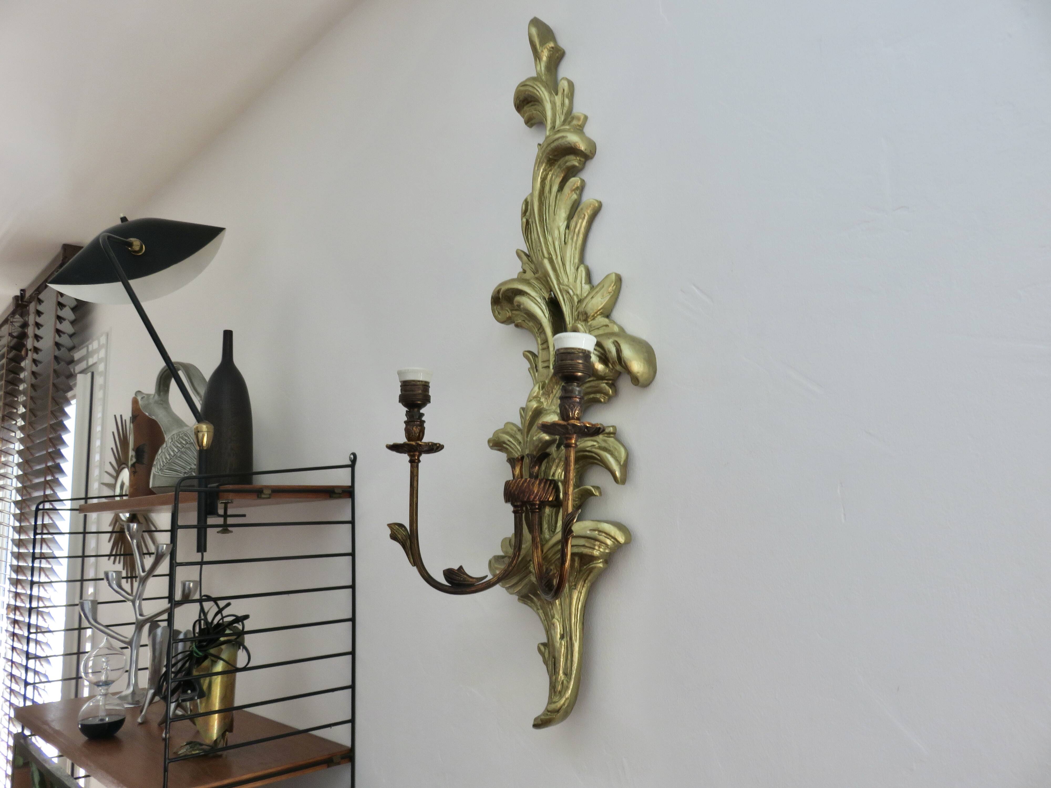 Pair of 86cm castle sconces in gilded wood from the 1940s