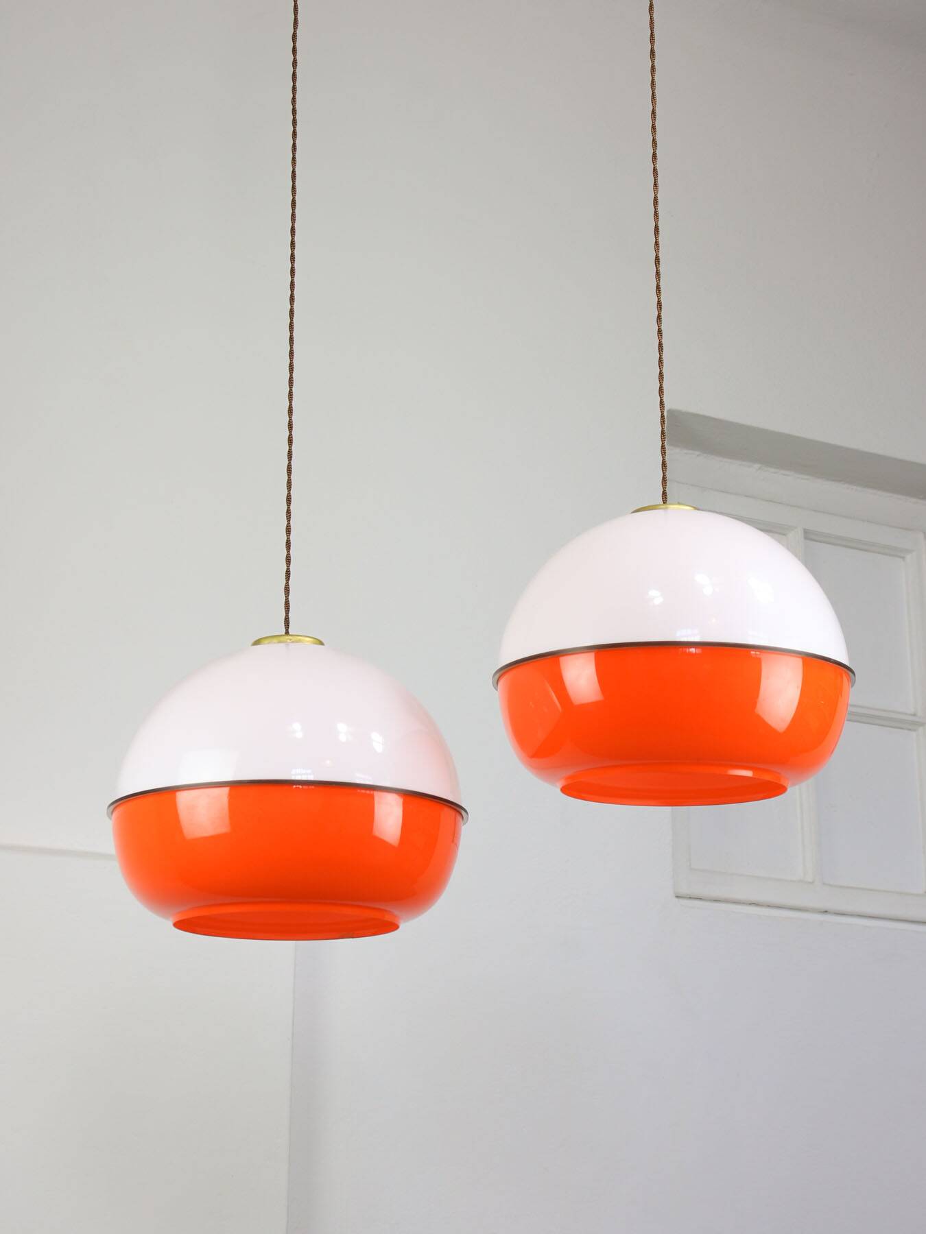 Space Age Italian Orange Plexiglass and Brass Pendant Lamp, 1970s