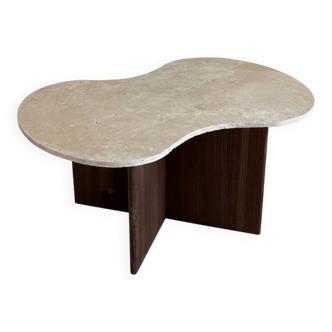 Cloud coffee table in travertine and dark oak.