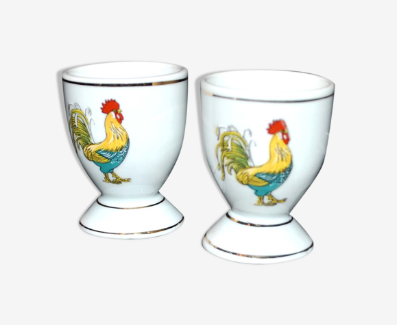 Lot de 2 coquetiers vintage coq poule en porcelaine blanche émaillé