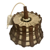 Vintage rattan, wood & jute fabric pendant — Boho style / 70s