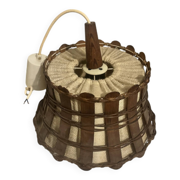 Suspension vintage rotin, bois & toile de jute — Style Boho / Années 7