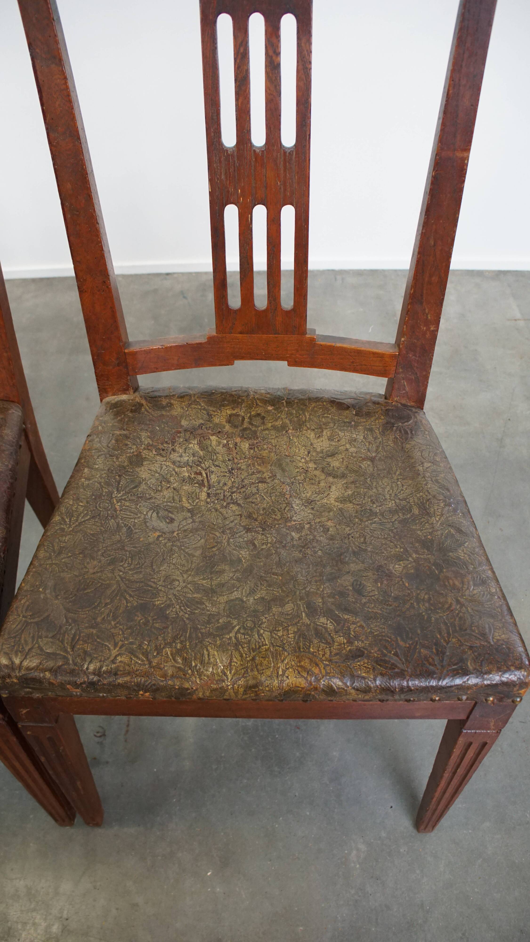 Ensemble de 6 chaises de salle à manger en cuir antiques d'origine néerlandaise