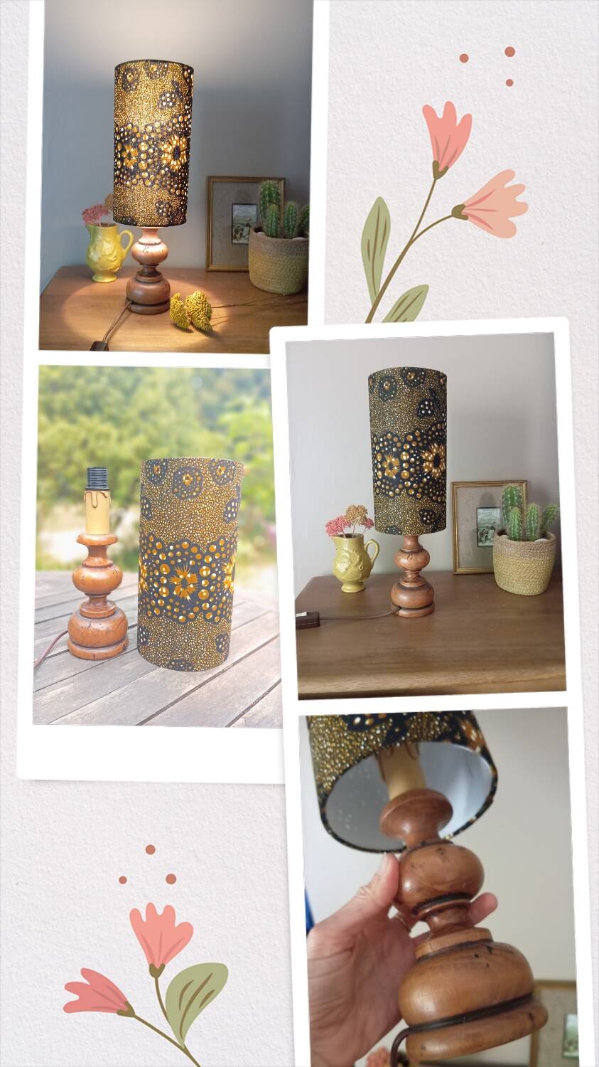 Vintage turned wood table lamp, ethnic chic wax drum lampshade