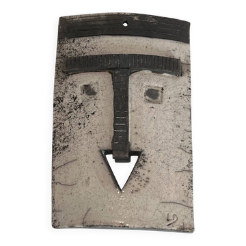 Masque Mural en Céramique Raku Émaillée Noir et Blanc à Visage Stylisé. Tra