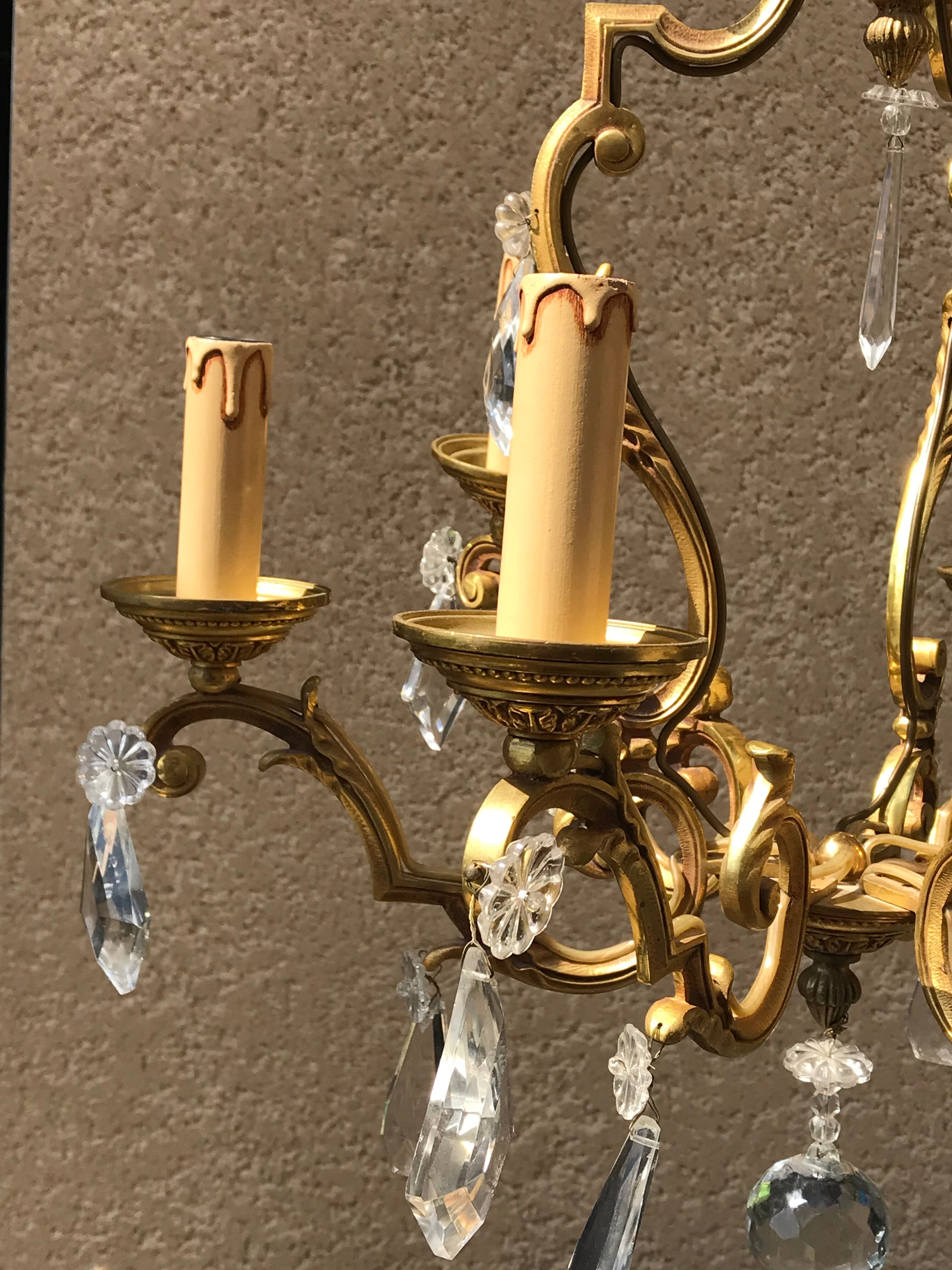 Bronze cage chandelier with crystal drops, 6 lights