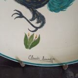 Plat en faience signe claude smadja "le coq turquoise" peint main 1996
