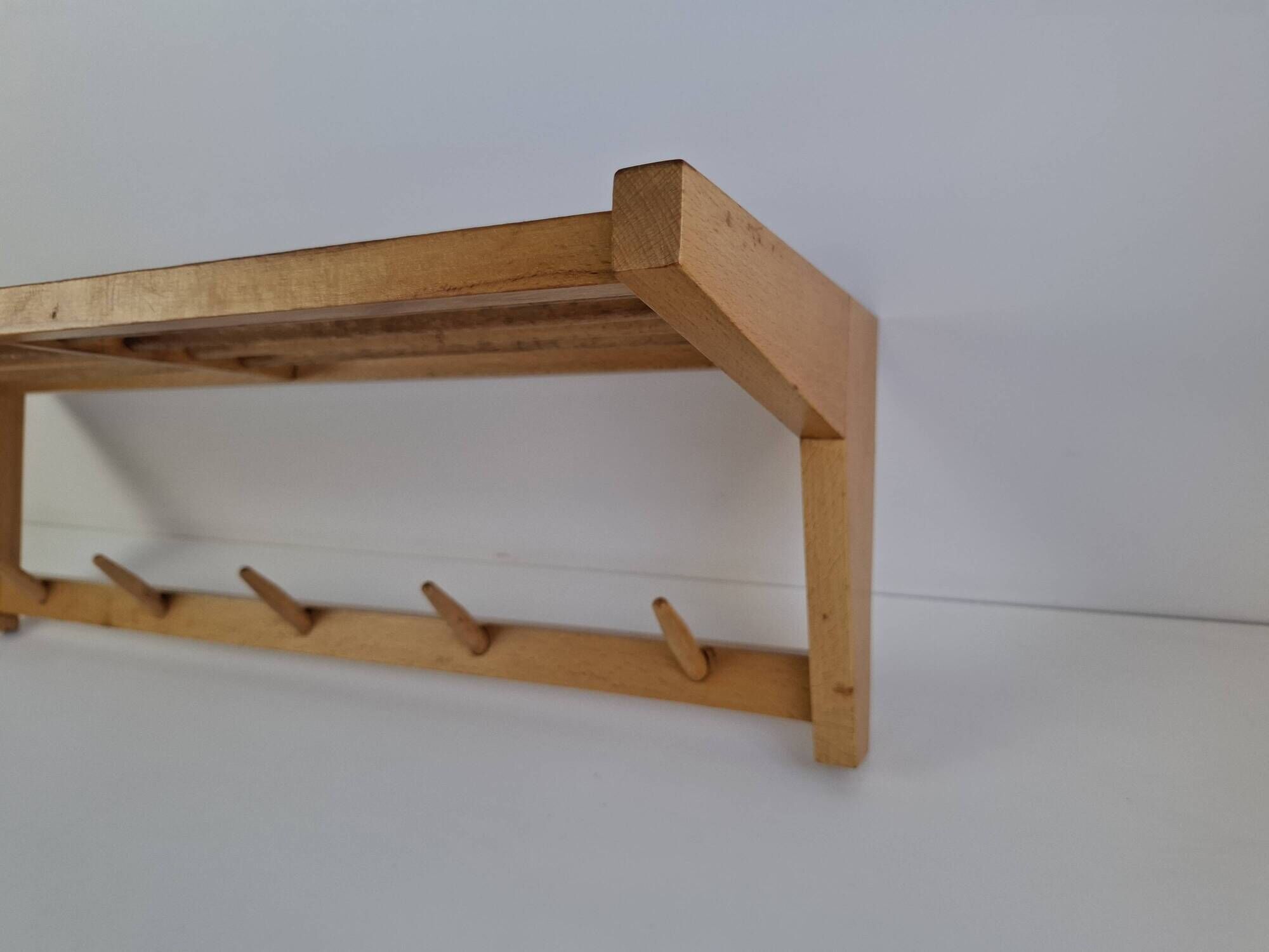 Uluv czechoslovakian mid-century wooden wall coat rack with shelf, 1970