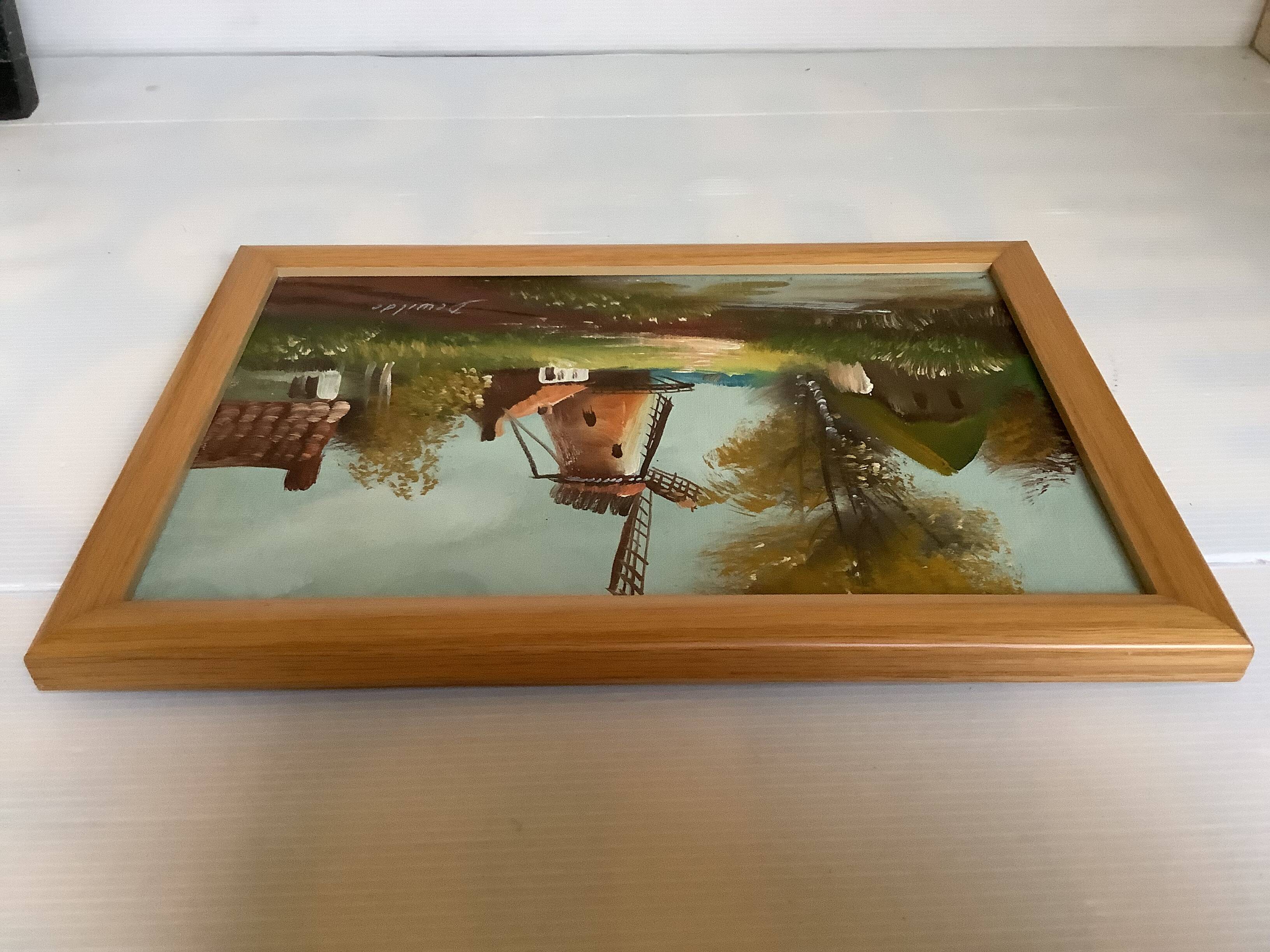 Small village painting with a mill, oil on canvas, signed.