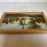 Small village painting with a mill, oil on canvas, signed.