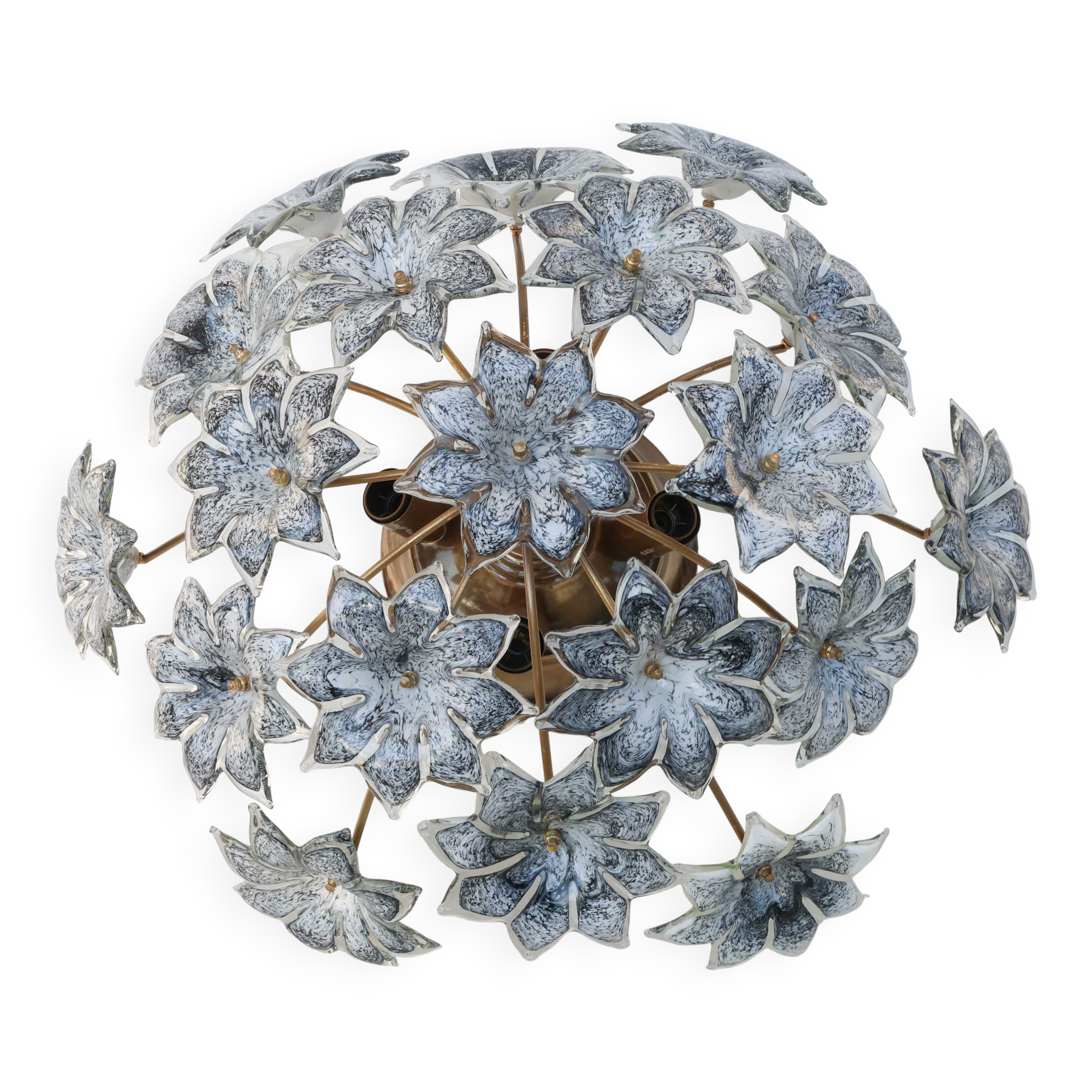 Large Murano Vintage Ceiling Light Black Flowers, 1970s