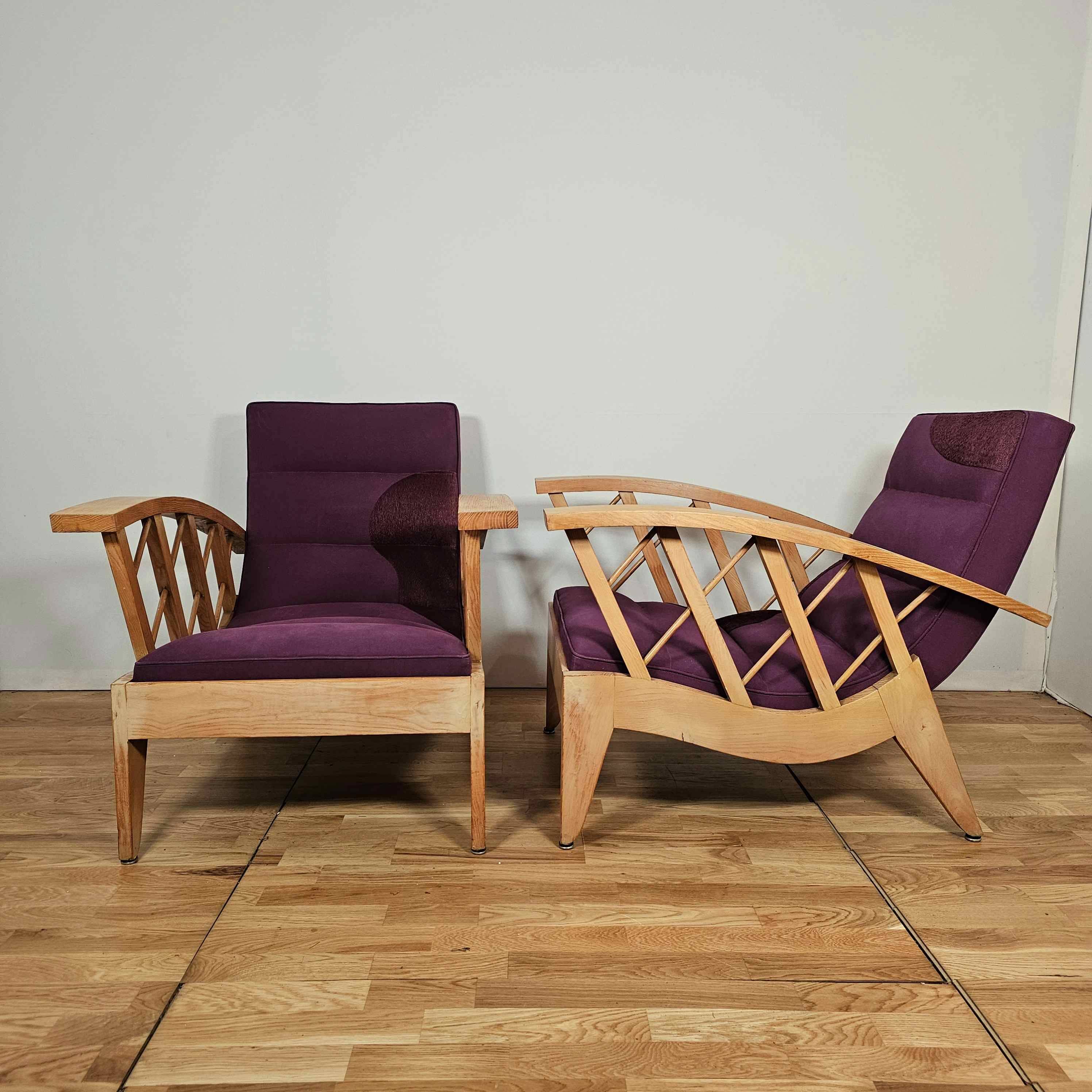 Pair of large armchairs with crossbars, circa 1950, Canovas fabric embroidered by Lesage