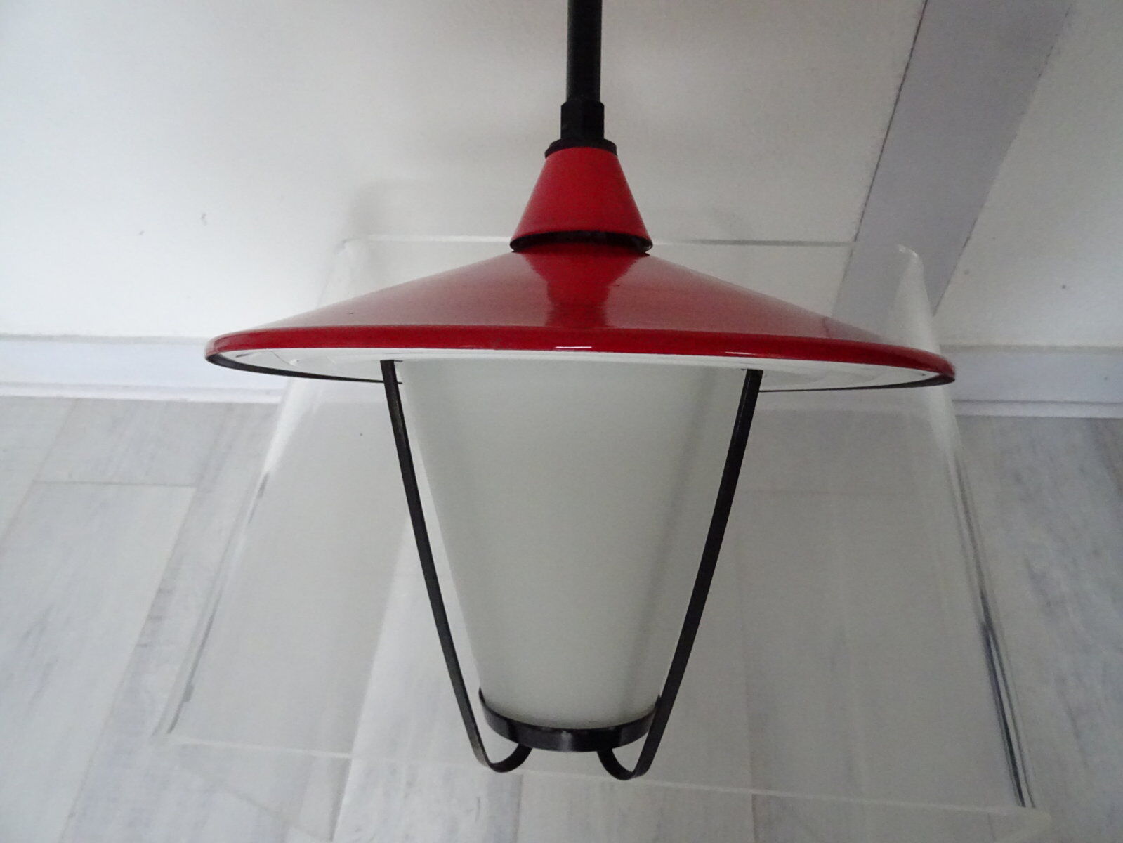 Metal and opaline lantern suspension from the 1960s.