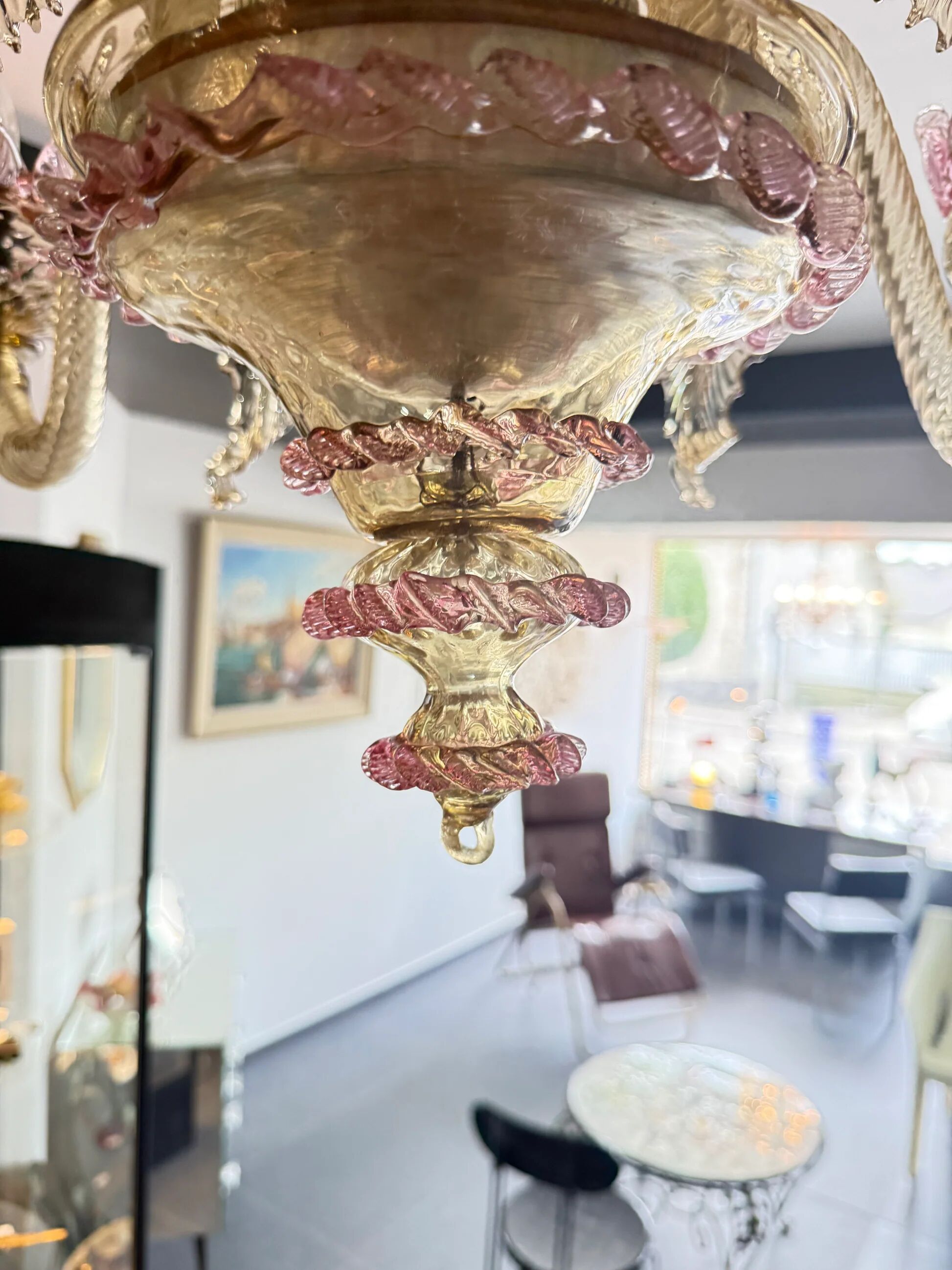 Venetian glass chandelier with pink and gold floral decoration – 6 lights