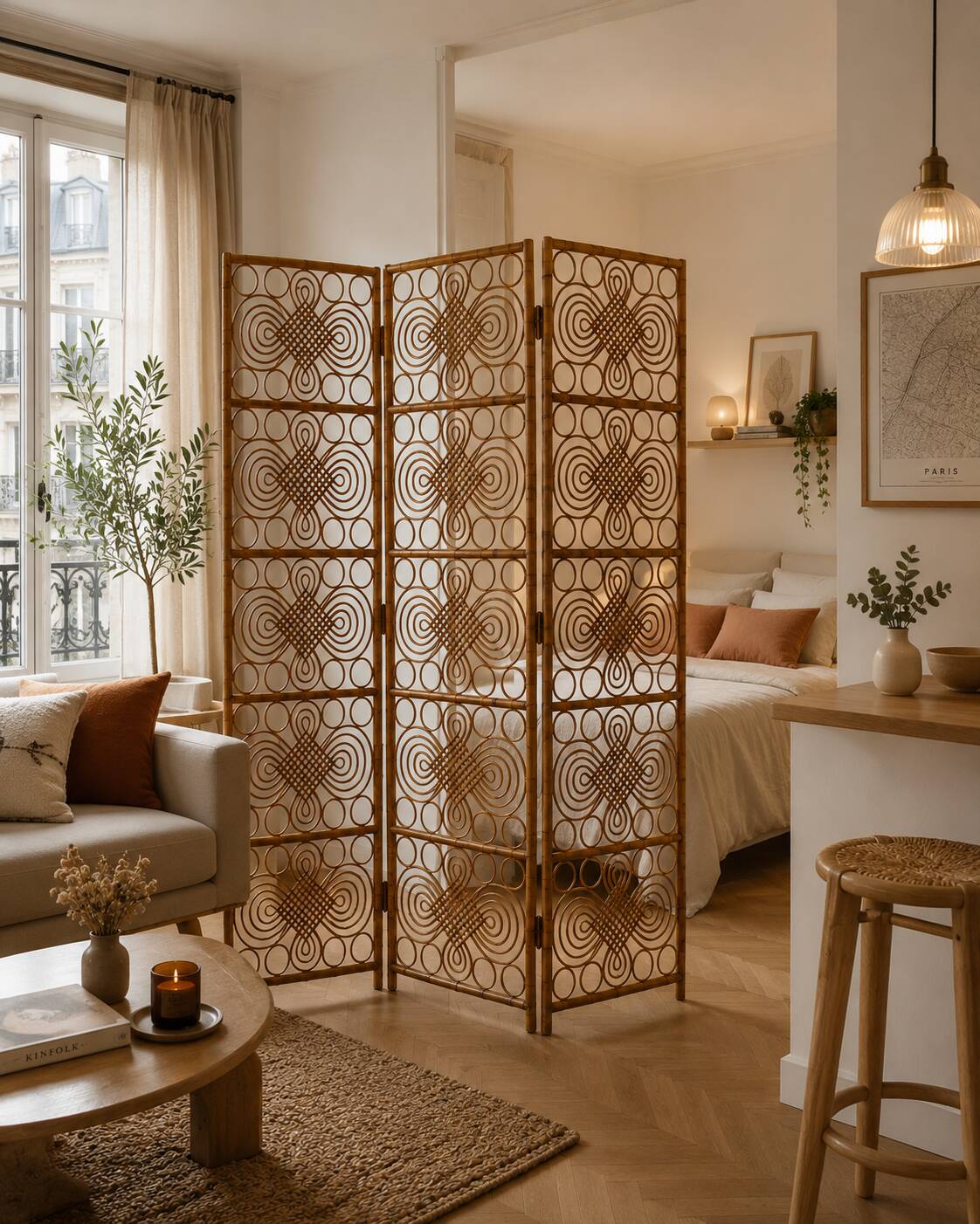 Vintage 1960s curved rattan screen