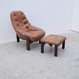 Armchair and ottoman by Jean Gillon for Probel in leather and teak, Brazil 1970