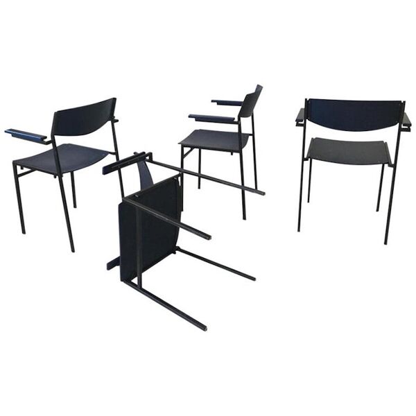 4 fauteuils empilables minimalistes en métal bleu et contreplaqué par Gijs van der Sluis