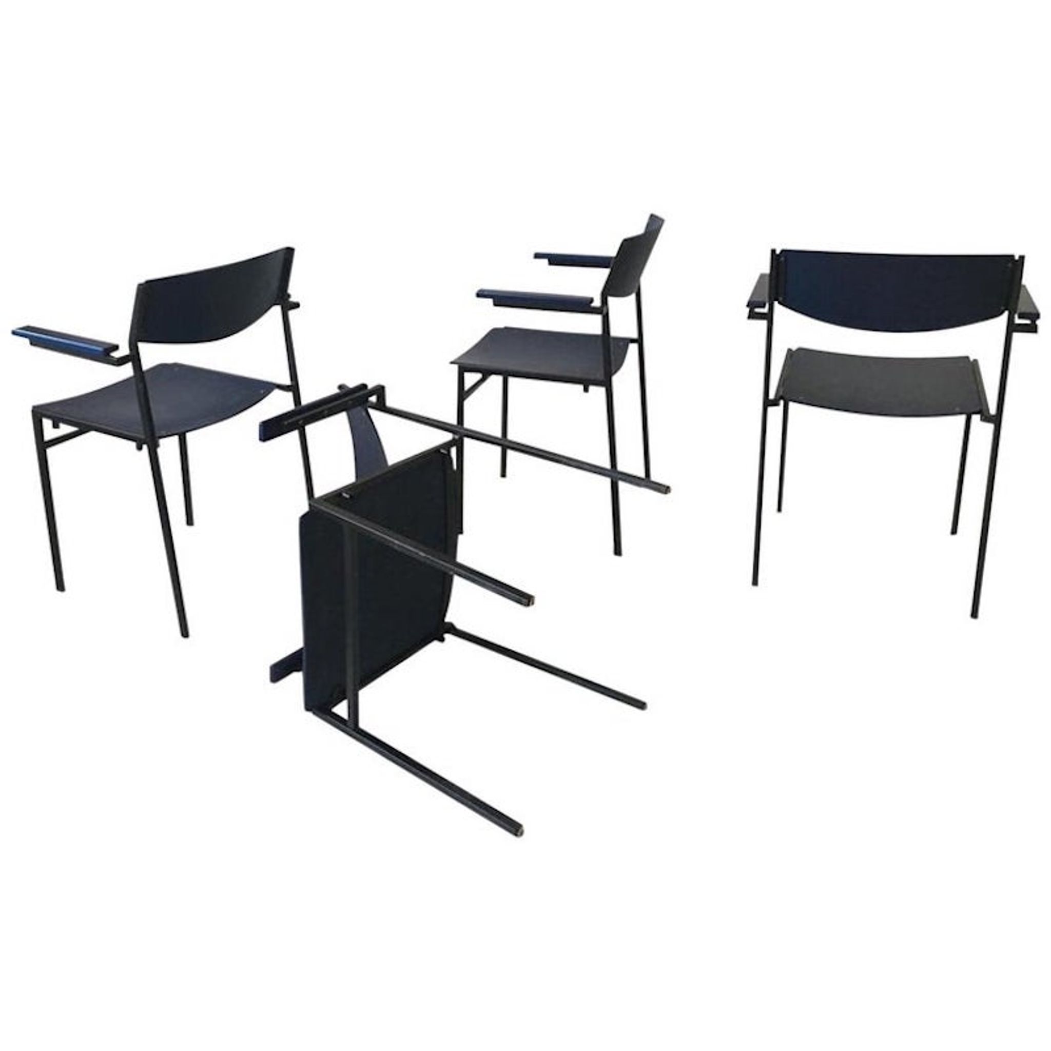 4 fauteuils empilables minimalistes en métal bleu et contreplaqué par Gijs van der Sluis