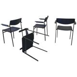 4 fauteuils empilables minimalistes en métal bleu et contreplaqué par Gijs van der Sluis