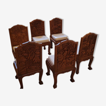 6 chaises en teck massif sculptées