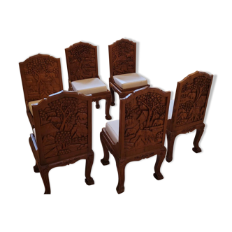 6 chaises en teck massif sculptées