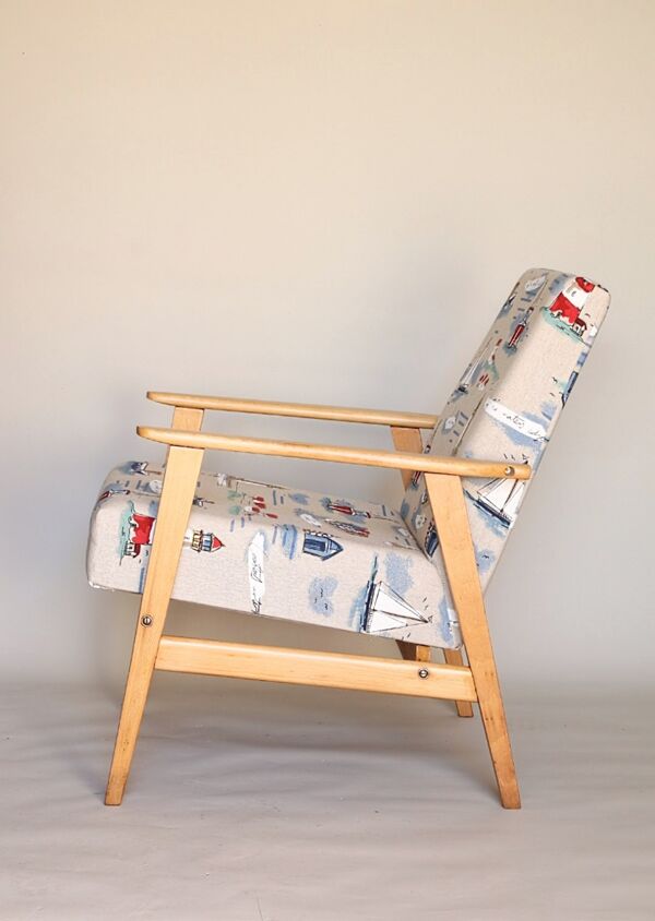 Fauteuil en bois chaise longue fauteuil de salon design vintage 1970 chaise en bois originale rénovée pour salon patio Marin motion