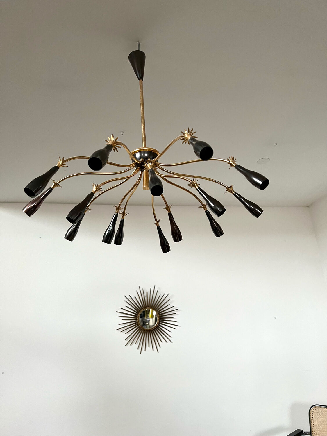 Old spider chandelier Italian metal, vintage Sputnik lamp 15 lights