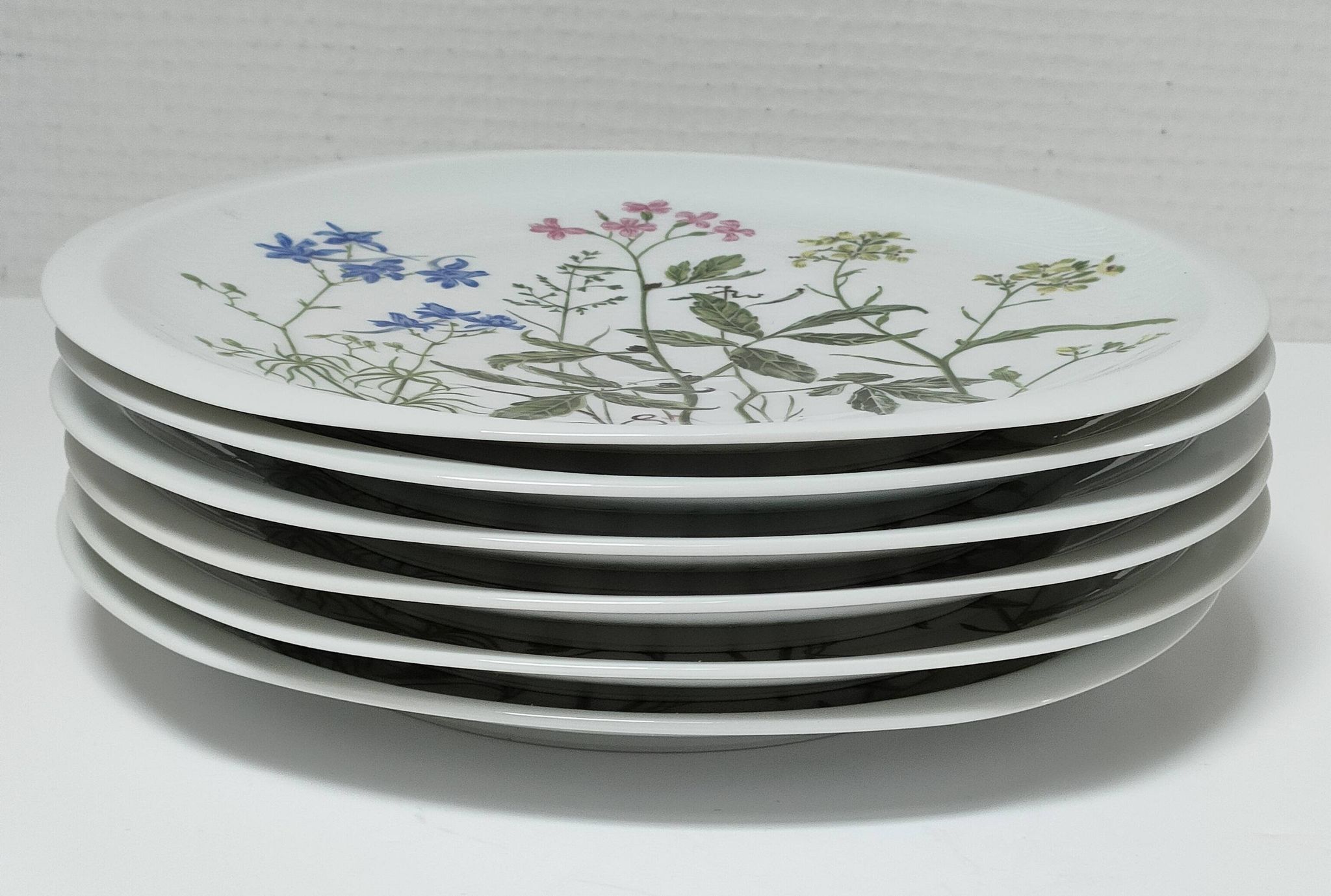 Six flat plates Alcée model porcelain Bernardaud Limoges floral decoration