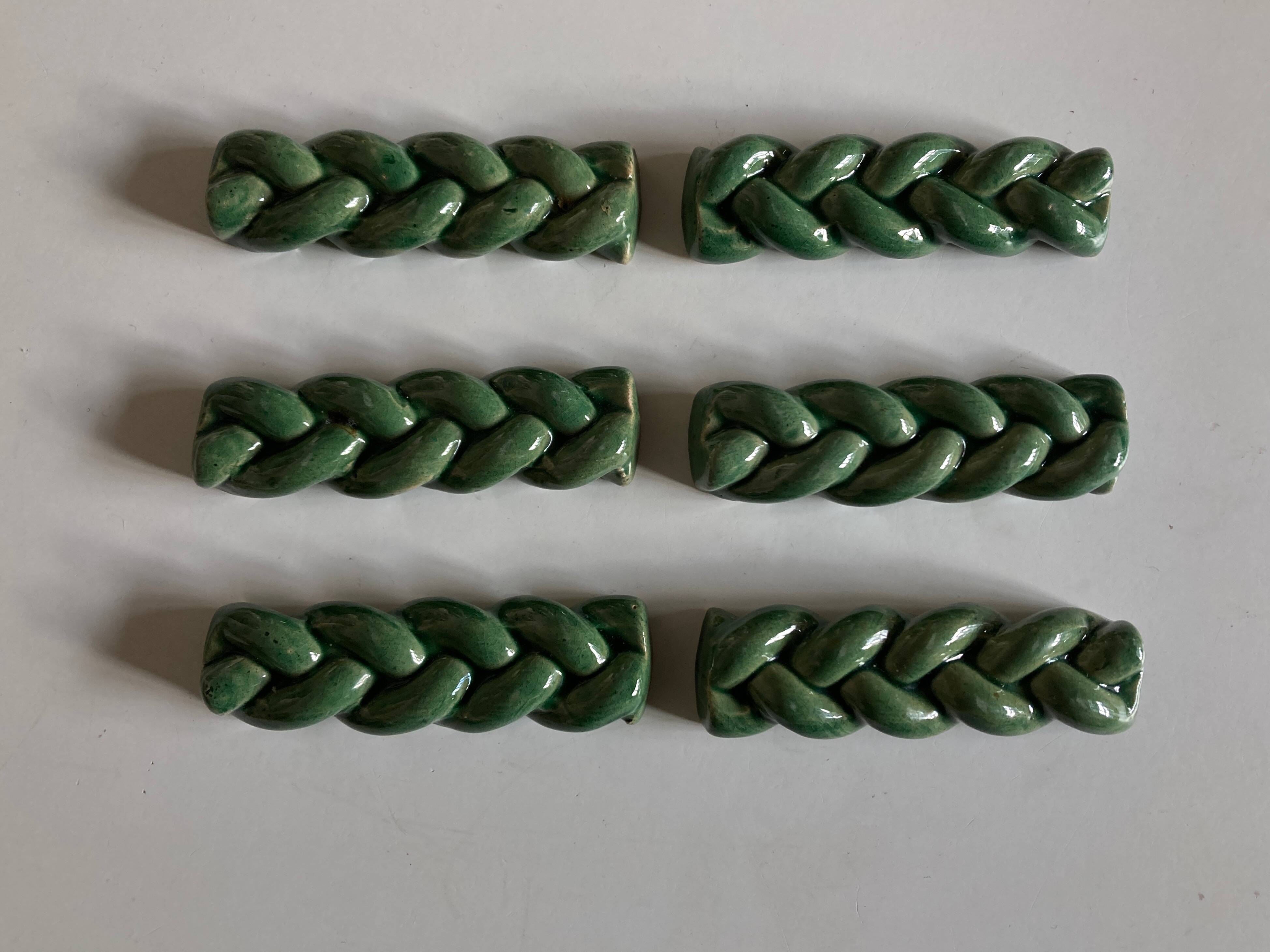 Set of 6 braided knife holders in green glazed earth