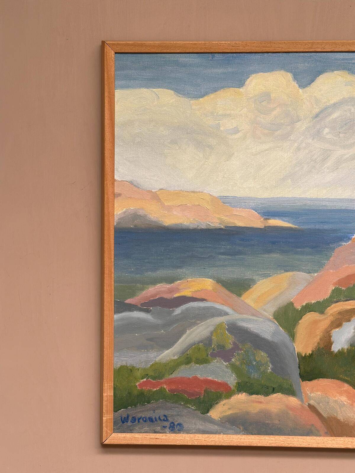 Original Swedish Oil on Canvas – “Coast” by Weronica – Dated 1980 – Vintage