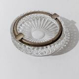 Vintage crystal glass ashtray from the 1920s, silver-edged with a textured pattern, Art Deco table decoration.