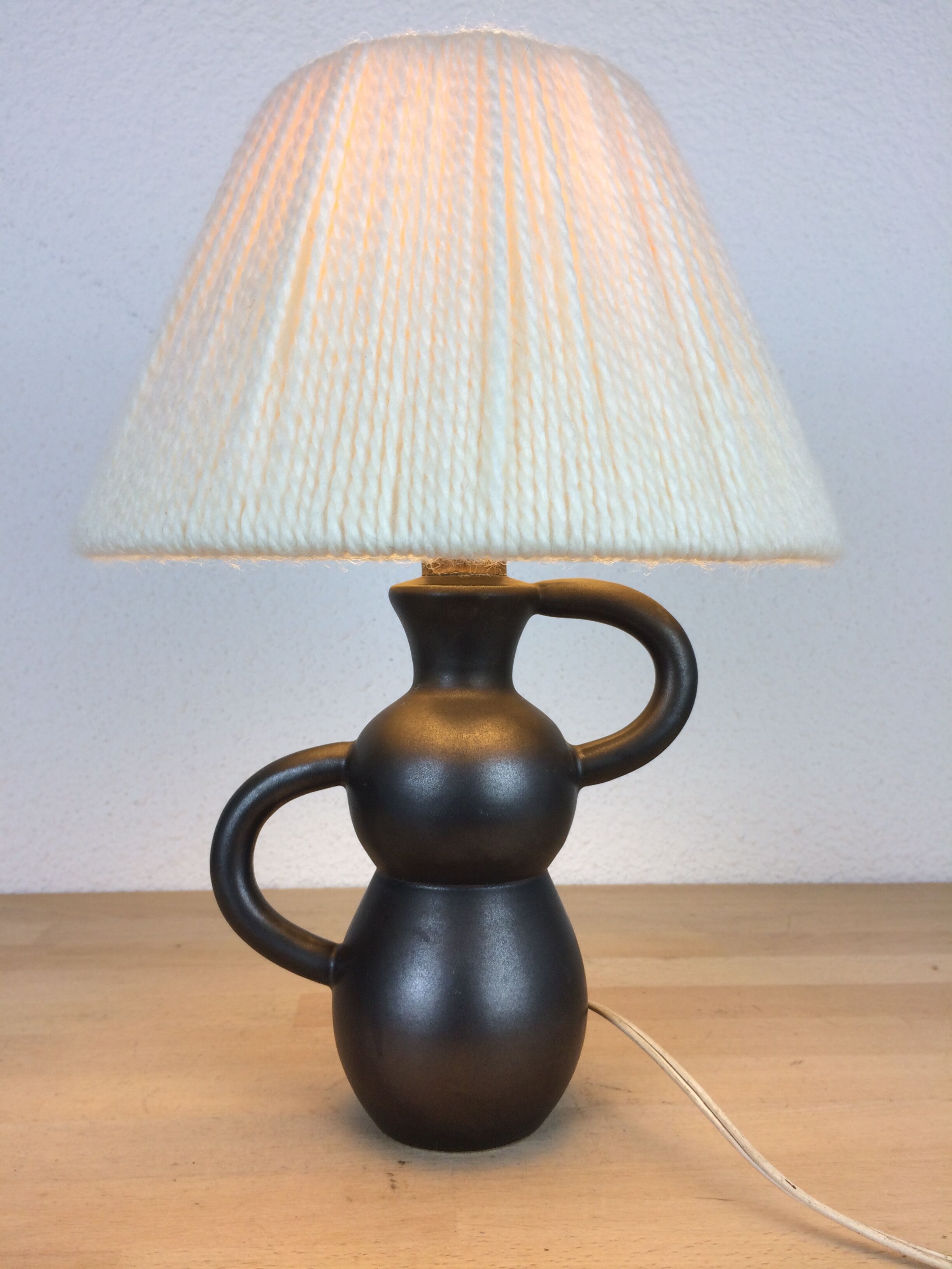 Black ceramic lamp Henri Chatard, 50s, wool lampshade