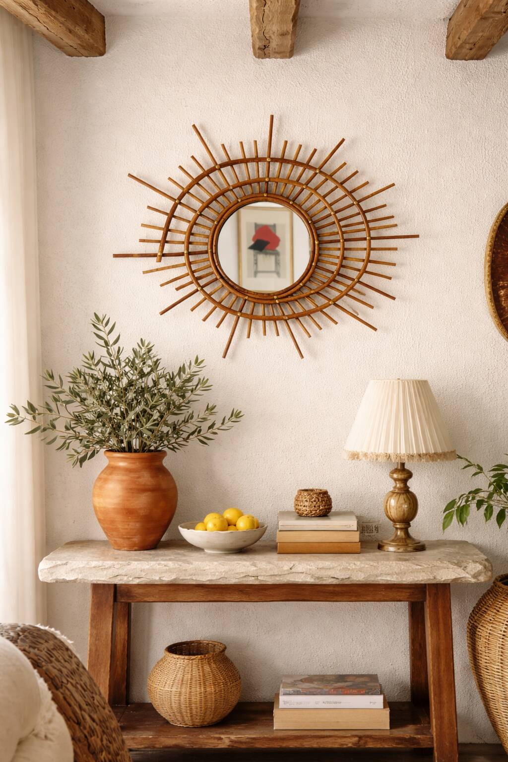 Vintage 1960 sun mirror rattan wicker ortf spiral design - 68 x 52 cm