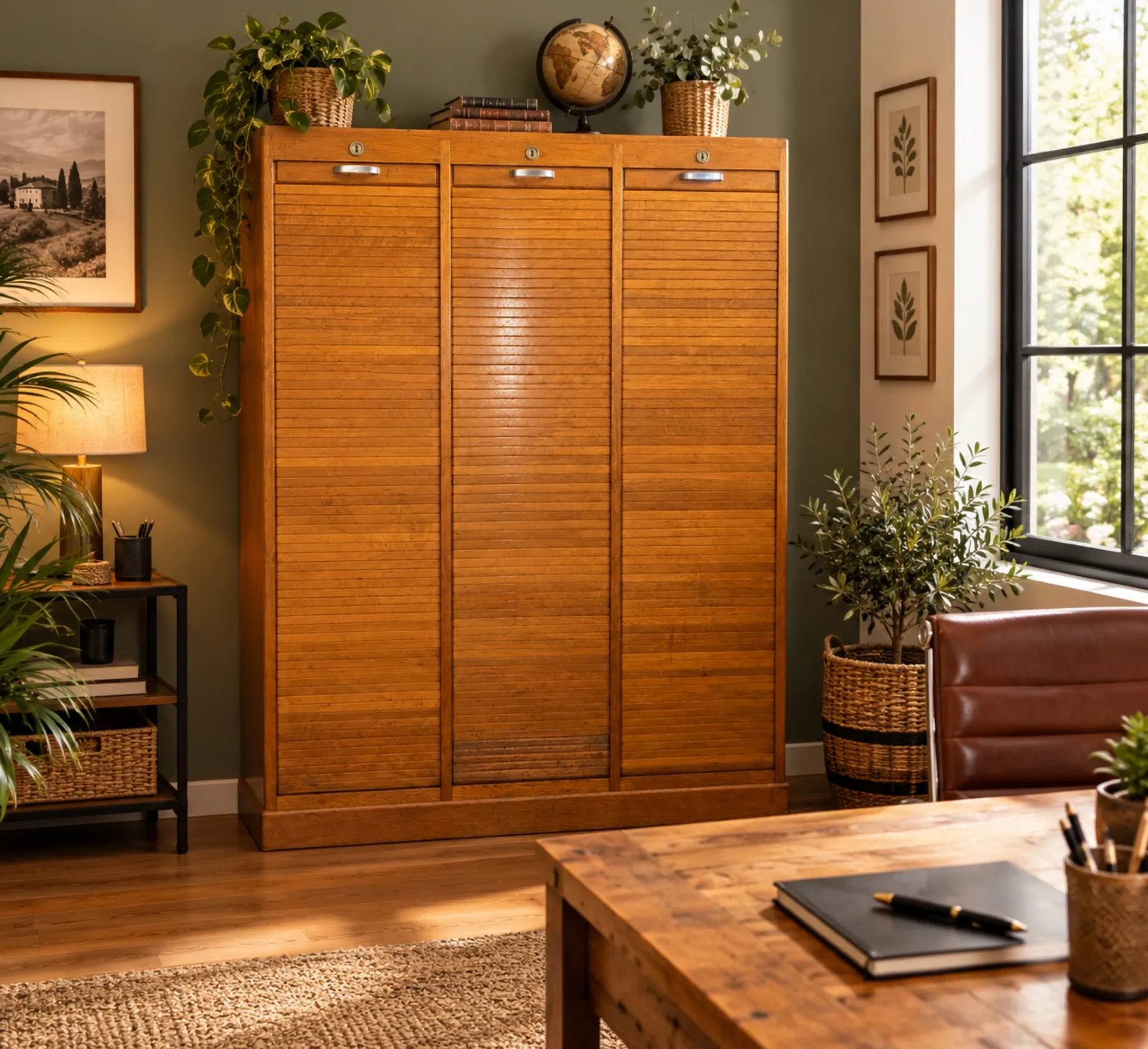 Vintage oak three-panel curtain cabinet