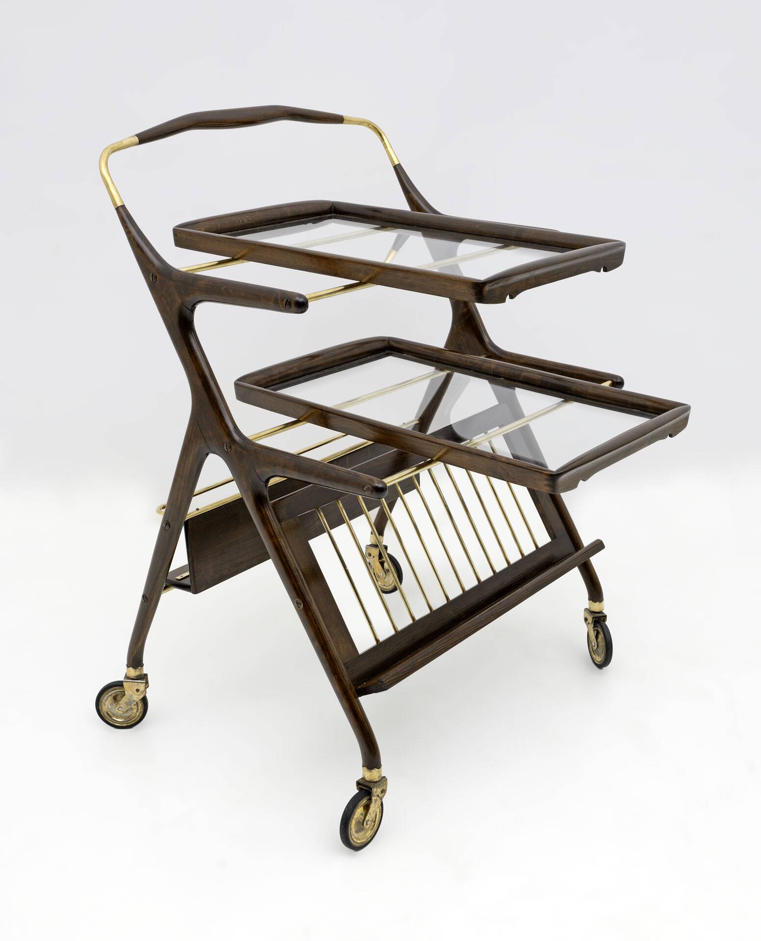 Cesare Lacca Mid-Century Modern Italian Walnut Brass Bar Cart by Cassina