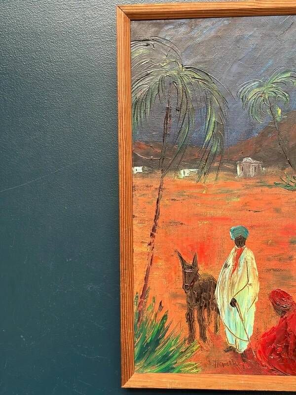 Mid-century oil on canvas “Figures with a dog” by Hans R, vintage & framed 33×63cm