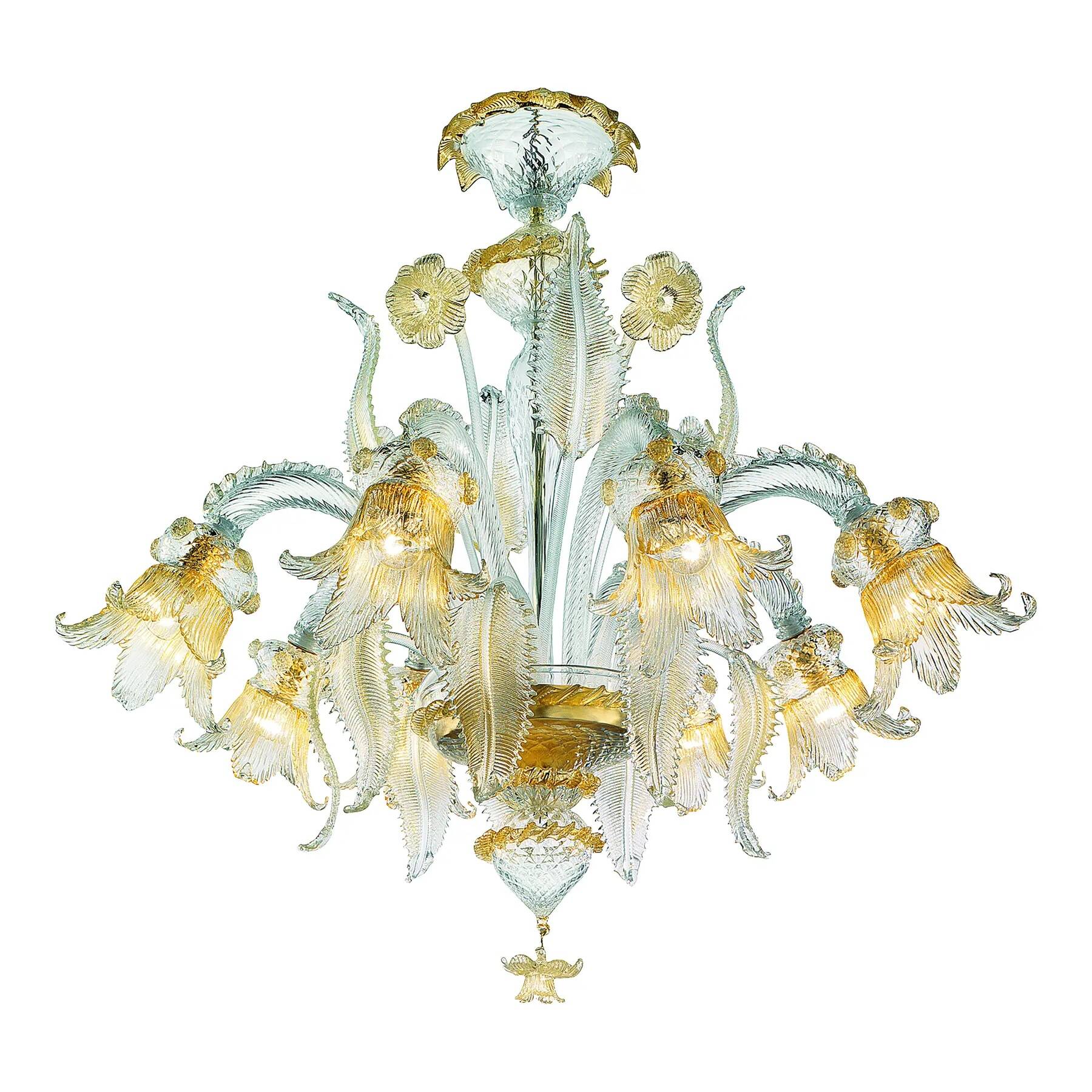 Luxury Italian Clear and Gold-Leaf Chandelier With Flowers and Leaves Muran