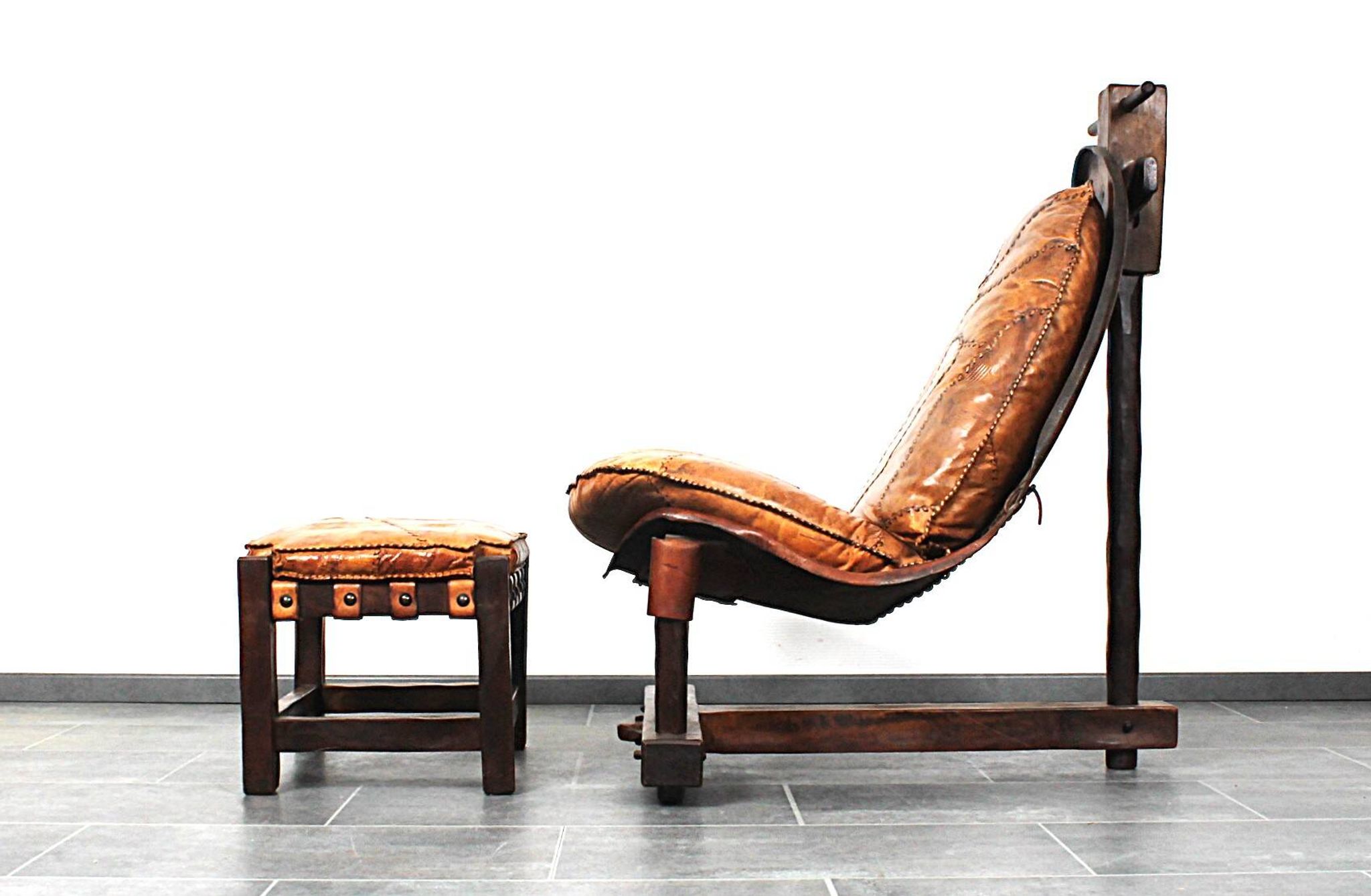 Brutalist oak lounge chair and ottoman, 1970s, set of 2