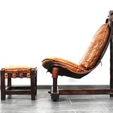 Brutalist oak lounge chair and ottoman, 1970s, set of 2