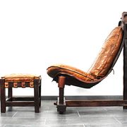 Brutalist oak lounge chair and ottoman, 1970s, set of 2