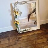 Large vintage mirror with white frame and iris and grape floral decorations